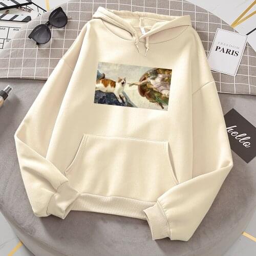 Cat Breaking Into A Famous Painting Women Hoody Harajuku Oversize Hoodie Creativity Crewneck Sweatshirt Casual Fleece Clothing