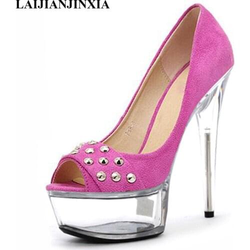 2016 Rivets shoes woman spring/autumn Peep Toe 15cm high heels crystal platform wedding pumps,Big 35-45 46