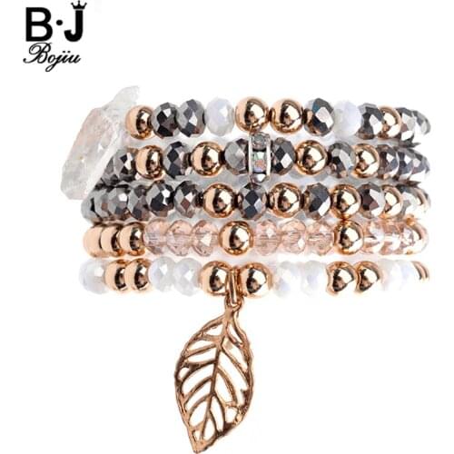 BOJIU New Charm Women Bracelet Set Crystal Beads Copper Leaf Pendant Bohemia Exquisite Bar Bracelet Sets of 5pcs BCSET17