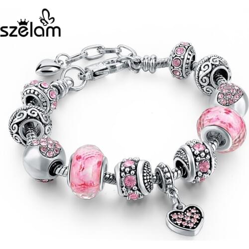 Szelam Pink Heart Crystal Charm Women Bracelets 925 Silver Chain Bracelets & Bangles For Women Femme Pulsera Sbr160073