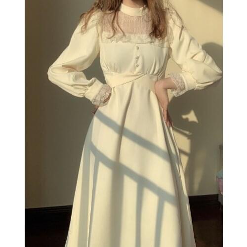 Spring Autumn Women Long Korean Dress one-piece Long Sleeve Vintage Lace Patchwork Slim High Waist New O-Neck Office Lady 2021