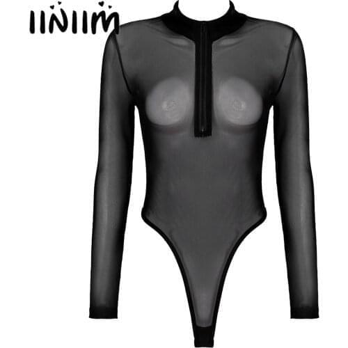 Women Long Sleeve Button Crotch See-through Mesh Bodysuit Underwear Skinny Jumpsuit Mock Neck Zipper High Cut Leotard Swimsuit