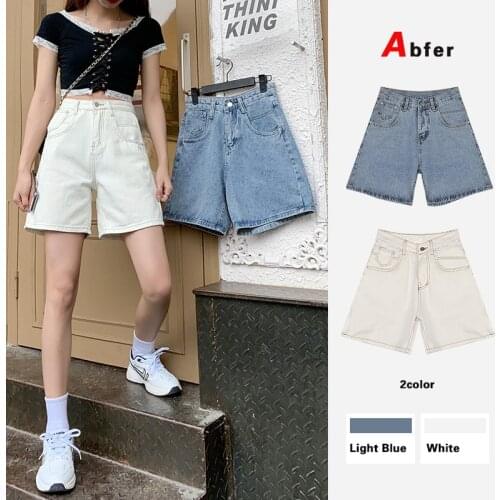 Abfer Plus Size Denim Shorts 2021 Women Short Pants Korean Fashion High Waist A Line White Jeans Shorts For Women Wide Leg Pants