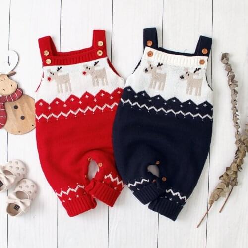 Newborn Baby Rompers Toddler Jumpsuit Girls Boys Christmas Elk Knitted Baby Clothes Infant Overall Children Outfit Strap Sweater