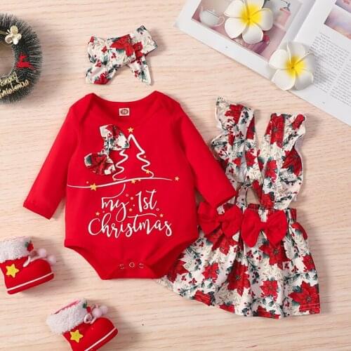 Baby My First Christmas Outfits Long Sleeve Letter Print Romper + Bow Suspender Skirt + Headband Baby Spring Autumn Set