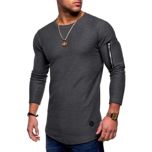 T-Shirt Men 2021 New Spring Casual Slim Solid Color O-Neck Long Sleeve Arm Zipper T-Shirts Tees Plus Size 3XL