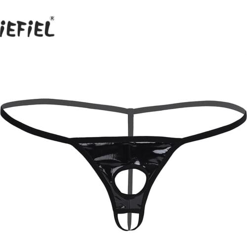 Gay Mens Patent Leather Tanga G-string Bikini Underwear Jockstrap Underpants with Penis Hole Sexy Lingerie G-strings and Thongs