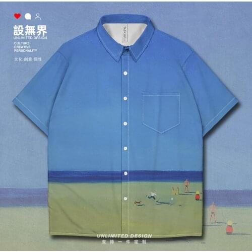 Art Oil Brush Touching Couples Walking on the Beach Sunrise and Sunset Famous Paintings Short-Sleeved shirt new Clothes Summer