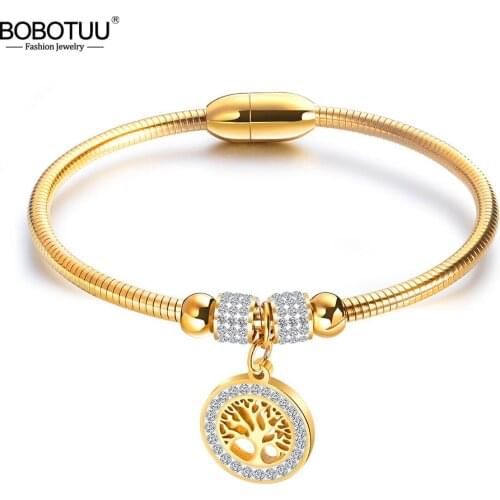 BOBOTUU Titanium Stainless Steel Mosaic Crytal Tree Charm Bracelets Bangle For Women Rose Gold Magnetic Buckle Bracelet BB17074
