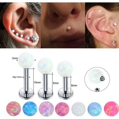 1.2x6/8/10x3mm Fire Opal Internal Thread Labret Monroe Lip Stud Conch Piercing Ear Cartilage Tragus Helix Piercing Stud Ring 16g