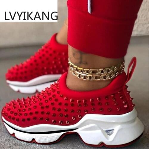 2020 Spring Women Sneakers Shoes Flat Slip on Platform Sneakers for Women Black Rivet Breathable Mesh Sock Loafers Women Shoes