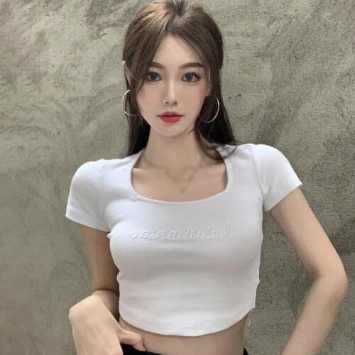 Summer Womens Clothing Square Collar Casual Slim Exposed Navel Short Sleeve Slim T Shirt Top Cool Girl Style T-Shirt