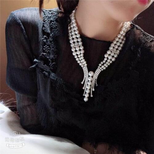 Fashionable 3strand natural freshwater pearl 6-7-8-9mm zircon micro inlaid accessories pendant necklace long 45cm
