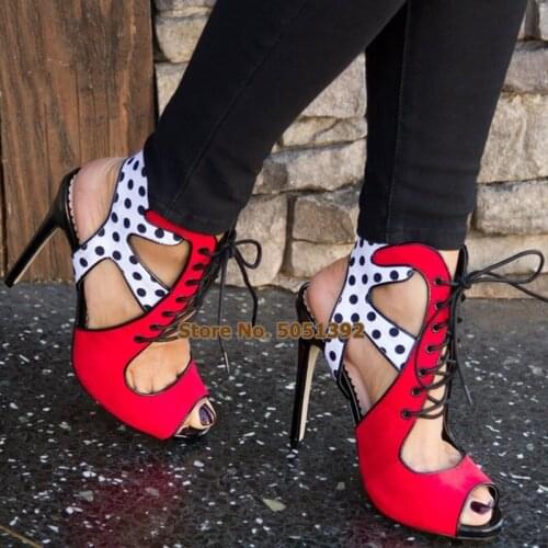 Large Size Fashion Women Thin Heel Sandals Red and White Gladiator Sexy Lace-up Stiletto Heel Peep Toe Polka Dot