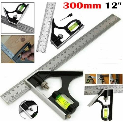 Square Ruler Set Kit 300mm (12") Adjustable Engineers Combination Try None Right Angle Ruler with Spirit Level and Scriber