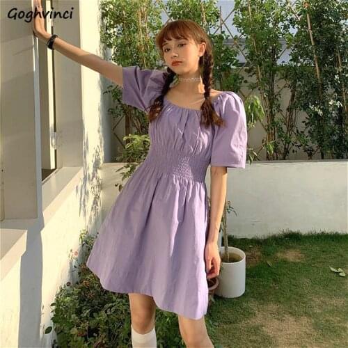 Dress Women Vintage French Romance Chic Summer Holiday Elastic Waist Femme A-line Vestidos Trendy Purple Pleated Mujer Sundress