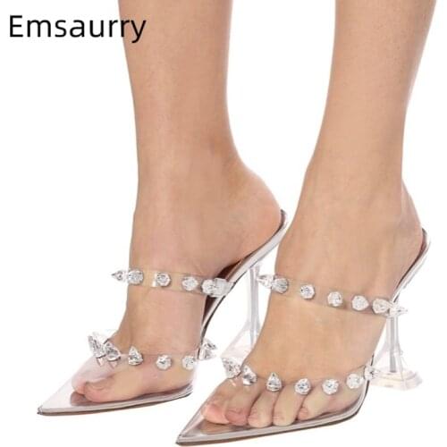 Crystal Rivet Decor One-strap Party Sandals Women Goblet Heel Pointed Toe PVC Transparent High Heel Runway Shoes Woman