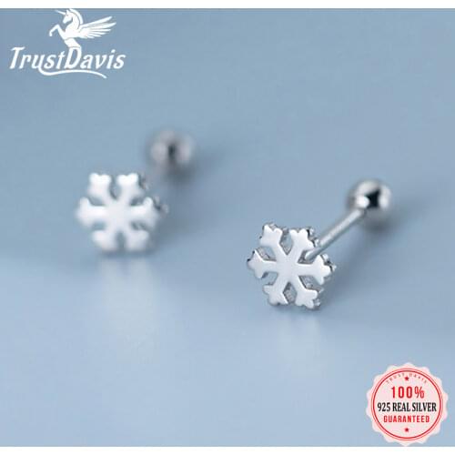TrustDavis Real 925 Sterling Silver Fashion Winter Snowflakes Beads Screw Stud Earrings For Women Valentines Day Jewelry DB380