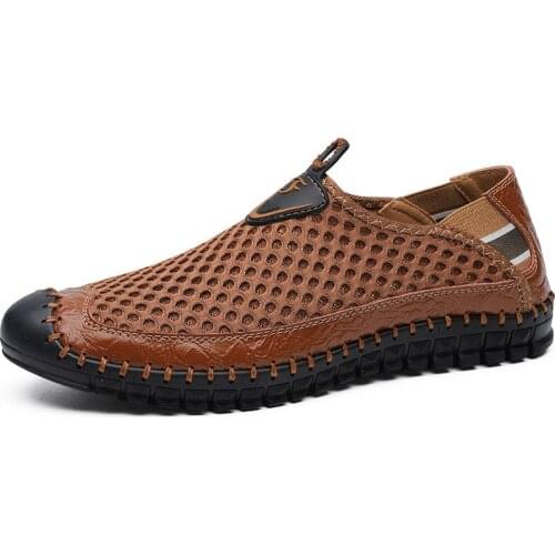 Mens mesh shoes spring summer foot hollow breathable large size cross-border handmade flat stitching casual driving shoes H478