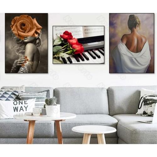 Vintage Rose and Piano Pretty Women Modern Style Canvas Painting Poster Print for Living Rooms Bedroom Gallery Wall Decoration
