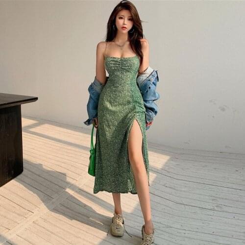 WOMENGAGA Korean Fashion High Waist Sleeveless Sexy Dress Summer Printed Backlees Split Mid-length Dresses For Women U1QS