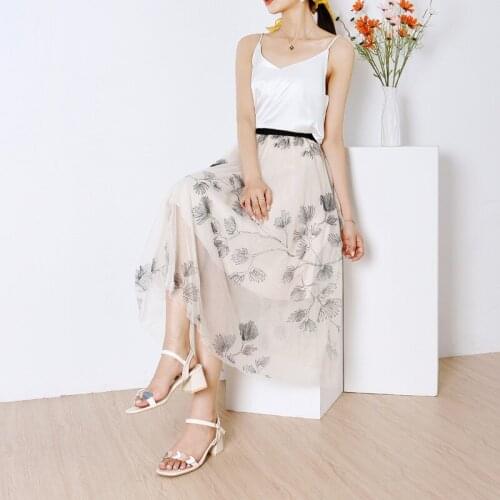Embroidery Skirts Women Korean Simple Heavy Industry Embroidery Mesh Skirt Women Summer Autumn High Waist Skirts Women
