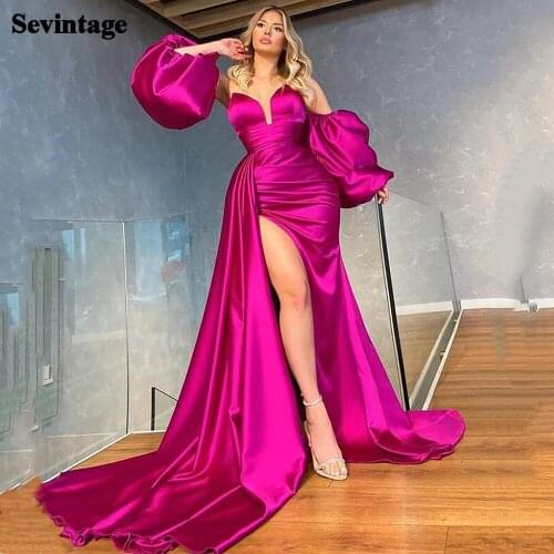 Sevintage Fuchsia Satin Mermaid Evening Dresses Long Detachable Puffy Sleeves Prom Dress with Slit Sexy Formal Women Gowns