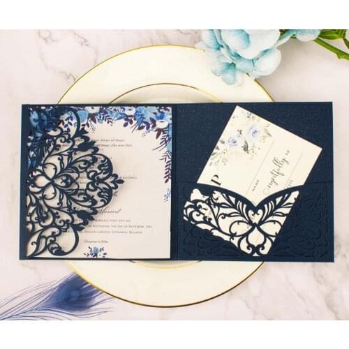 50pcs/lot square pocketfold cards Laser Cut lace Wedding invitation Cards three folded Greeting cover for wedding party supplies