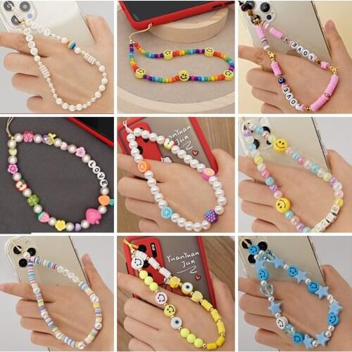 AIDE 2021 Trend Summer Fruit Bohemian LOVE Letter Chain For Mobile Phone Lanyard Rainbow Soft Ceramic Smile Cell Phone Chains