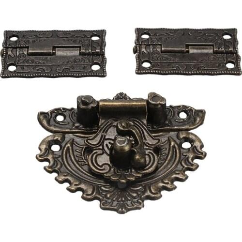 Antique Bronze Furniture Hardware Box Latch Hasp Toggle Buckle+ 2Pcs Decorative Cabinet Hinges for Jewelry Wooden Box