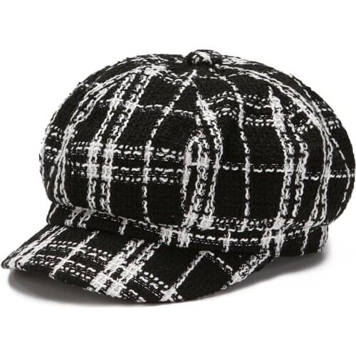 Womens Berets Mens Baseball Cap Kpop Cotton Woolen Spring Black White Plaid Retro Fashion Coarse Woolen Thread Winter Hat