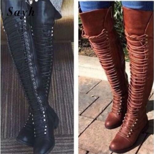 Free shipping Woman Autumn Winter Boots Over The Knee High Boots Lace Up Riding Knight Boots Round Toe Flats Rivet Shoes