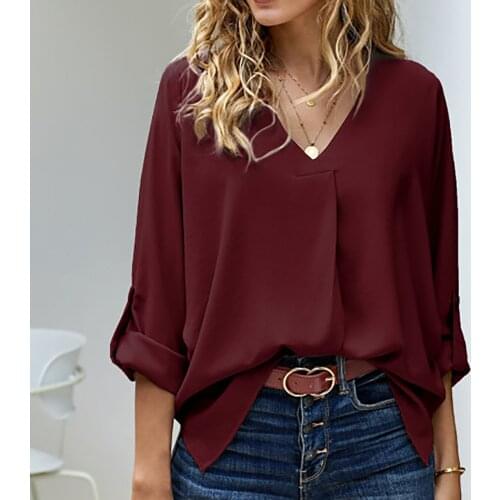 40# Elegant Chiffon Blouse Women Casual Solid Color Long Sleeve Sleeve Buckle V-neck Shirt Blouse Ladies Summer Loose Tops