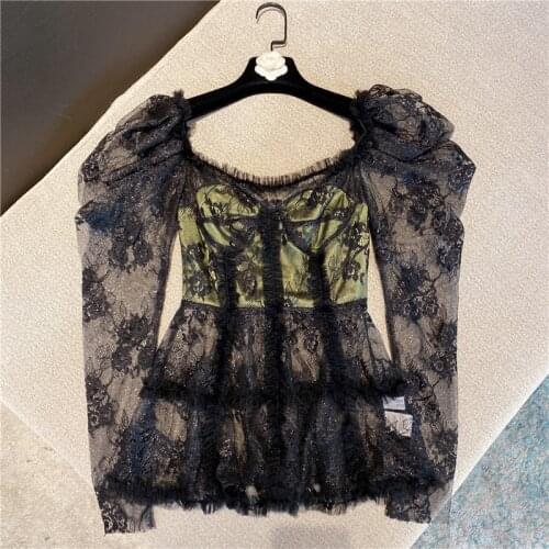 Black Lace Blouse for Women 2021 Spring New Sexy Long Puff Sleeve Mesh Edge Shirt Top Female Blusas womens clothing