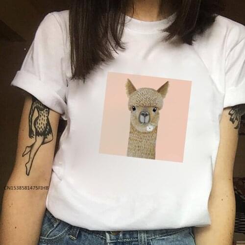 Graphic Tees Women Summer Casual White T-Shirts Harajuku Llama Print Cute Kawaii Femme Clothes Tee Tops Premium Lady Tee Shirts
