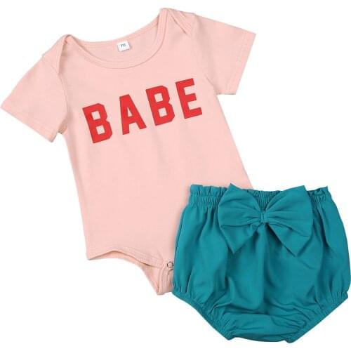 Lioraitiin 0-24M Newborn Infant Baby Girls Two Piece Set Babys Short Sleeve Babe Lettering Romper Bow Shorts for Infants