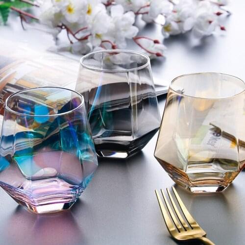 Creative Crystal Diamond Water Glass with Gold Rim, Household Six-sided Color Glass Wine Glass, Suitable for Whiskey, Juice, Mil