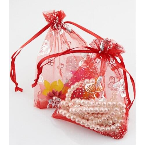 Hot 100pcs Butterfly print Christmas Gift Pouches Bag Organza Jewelry Packaging bags Wedding Party Decoration Supplies 9x12cm