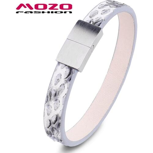 Fashion Men Charm Simple Snake Skin Leather Bangles Stainless Steel Magnet Buckle Bracelet Women Jewelry PS2044