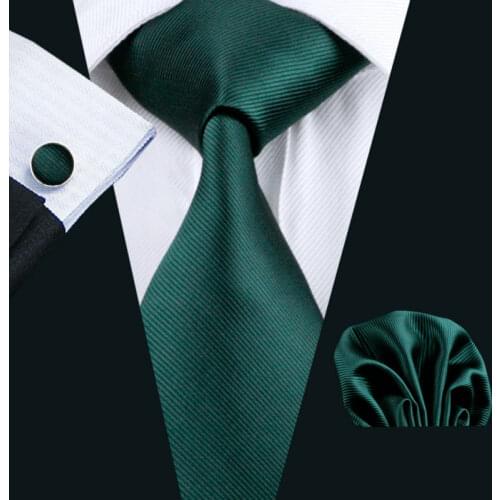 LS-830 Mens Tie Green Solid 100% Silk Classic Jacquard Woven Barry.Wang Tie+Hanky+Cufflinks Set For Men Formal Wedding Party