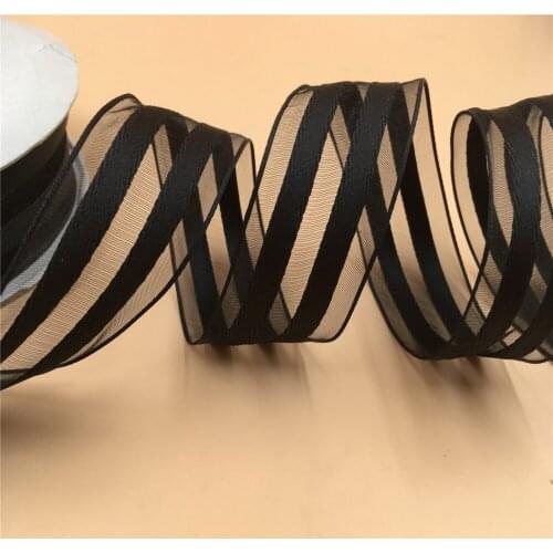 N2191 38mm X 25yards Roll Gift Box Wrapping Wired Edges Black Satin Organza Stripes Ribbon