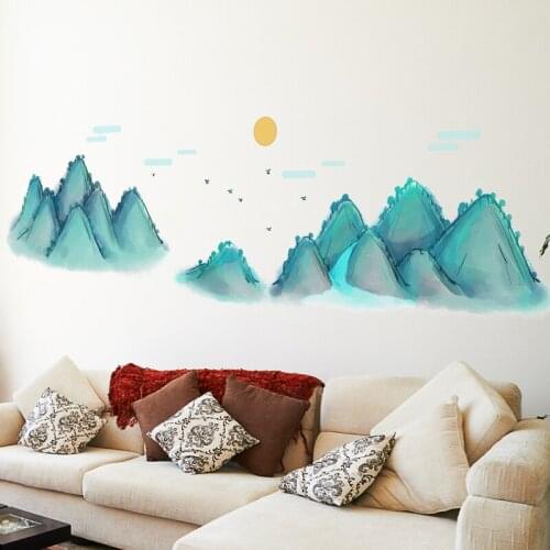 Chinese Style Green Mountains Wall Sticker Living Room Bedroom Wall Decoration 3D Self Adhesive Landscape Wallpaper Office Decor