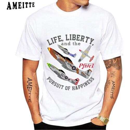 New Summer Men Short Sleeve P-51 Fighter Print T-Shirt Funny Airplane Enthusiast Hip Hop Boy Casual Tops Vintage Man White Tees