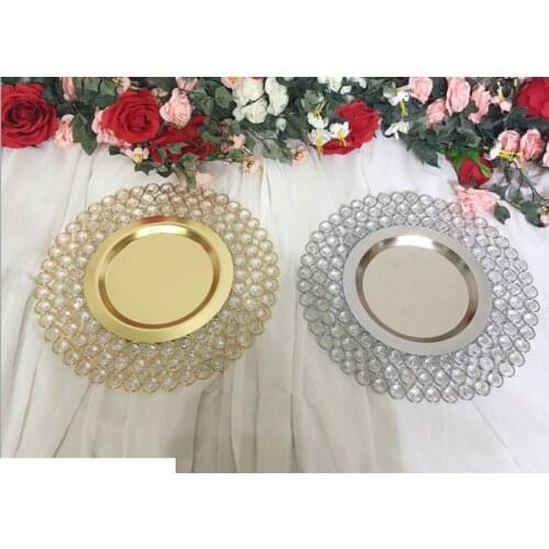 Wholesale 2pcs/lot Crystal Metal dinner plates with shinny Acrylic Bead Gold Silver color dish for Wedding Table Decorations