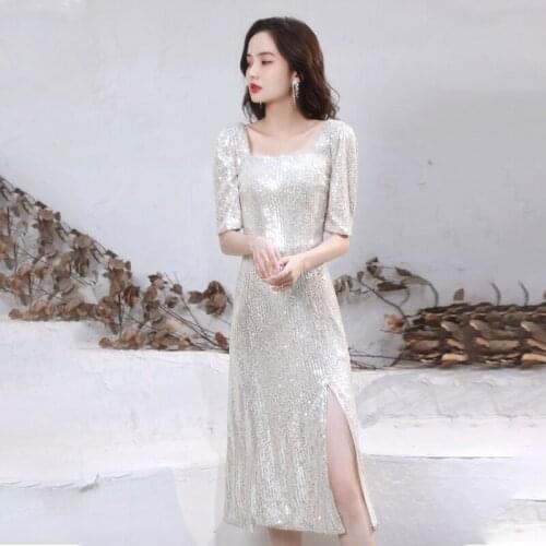Special Occasion Dresses Vintage Square Collar Luxury Champagne Gold Knee-Length A-Line Sequined Backless Women Prom Gown E1003