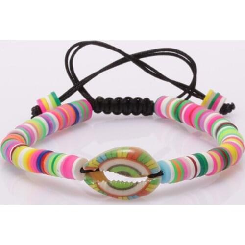 Beach boho jewelry natural shell charm colorful rainbow clay silicone plastic beaded adjustable macrame bracelets for woman