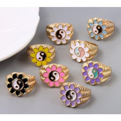 Girls Colorful Enamel Chunky Flower Yin Yang Ring For Women Love Heart Geometric Round Metal Glazed Rings Creative Jewelry Gifts