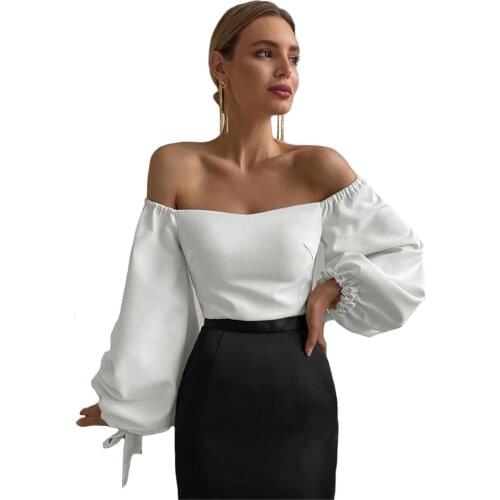 Sexy Slim Blouse Off Shoulder ElegantWomen Shirt Lantern Sleeve Female Top Sexy Elegant White Pullover Solid Color Blouse Tee