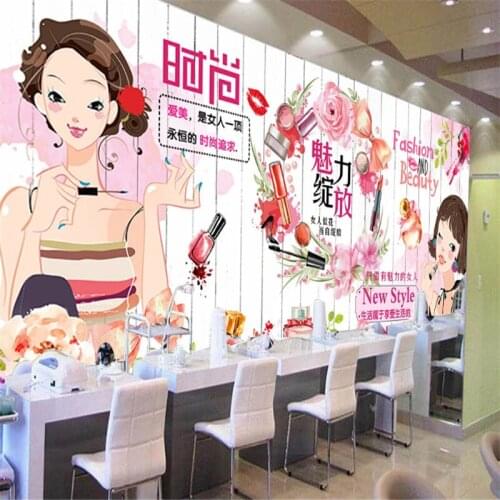 Modern Fashion Cosmetics Nail Art Wooden Board Background Wall Paper 3D Makeup Nail Shop Industrial Decor Mural Wallpaper 3D