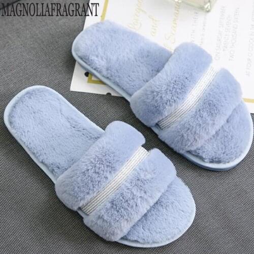 New ribbon fur slippers ladies winter home indoor warm flat slip wear Soft bottom ladies cotton slippers zapatos de mujer y394
